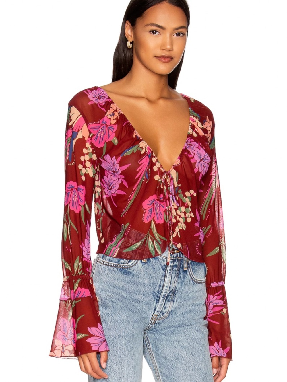 Free People Burgundy Sheer Floral Tie-Front Blouse - Picture 5 of 5